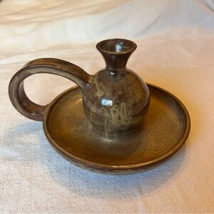 Handmade Glazed Stoneware Art Pottery Candle Holder with Carry Handle Signed